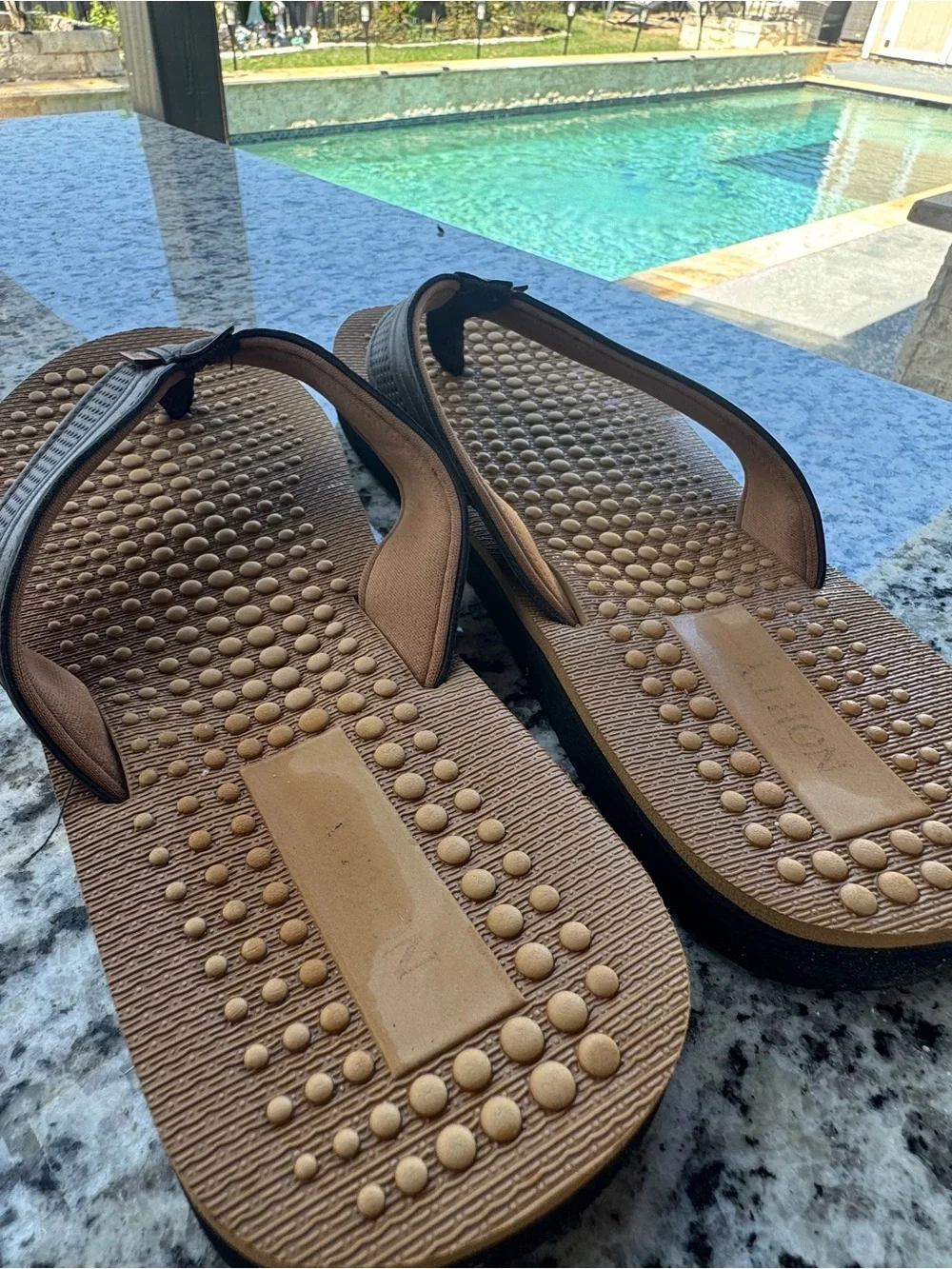 Men's Brown Footbed Flip Flops with Black Straps size 12